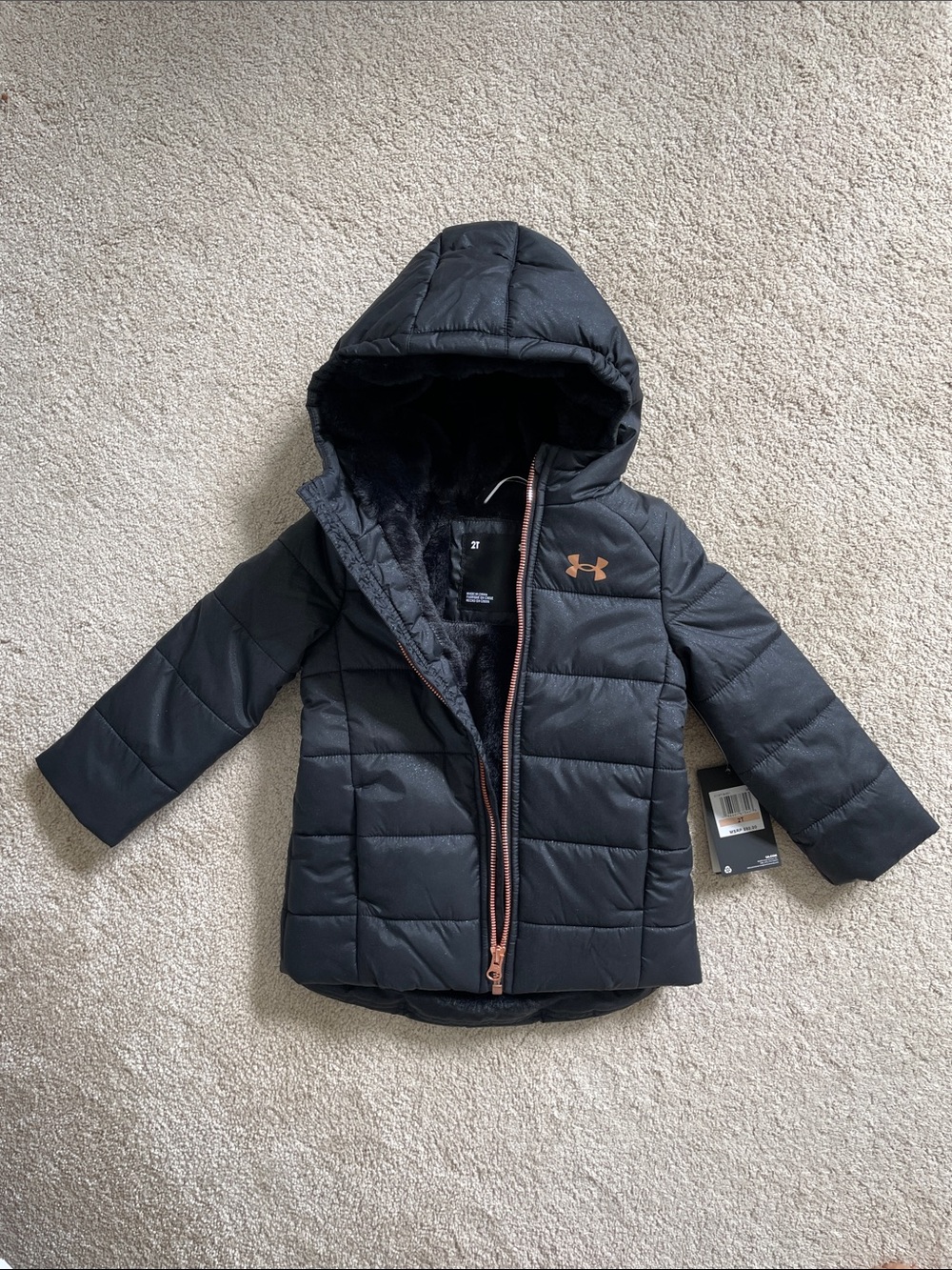 Under Armour Black Girls' Hooded Puffer Jacket with Fur Lining